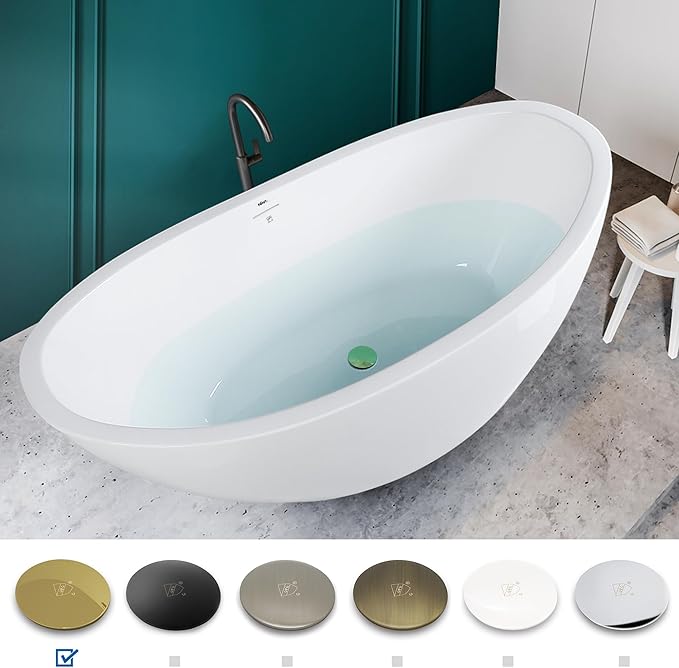 FerdY Naha 67" Freestanding Bathtub, Curve Edge Soaking Bathtub with Polished Gold Drain and Minimalist Linear Design Overflow, Easy to Install 588