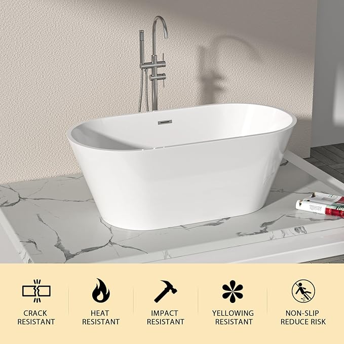 Logmey 59" Acrylic Freestanding Bathtub White Oval Shape Soaking Tub with Chrome Drain & Overflow Assembly for Classic Modern Bathrooms