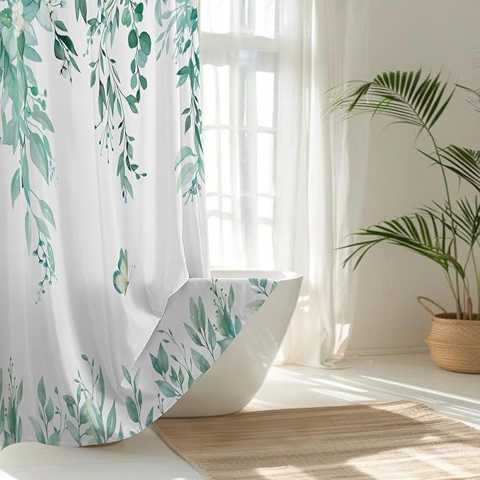 No Hook Shower Curtain and Liner Set, Teal Eucalyptus Floral Shower Curtains for Bathroom, Bath Curtain Sets with Snap in Liner, Waterproof with See Through Top Window, 71x77 Inches