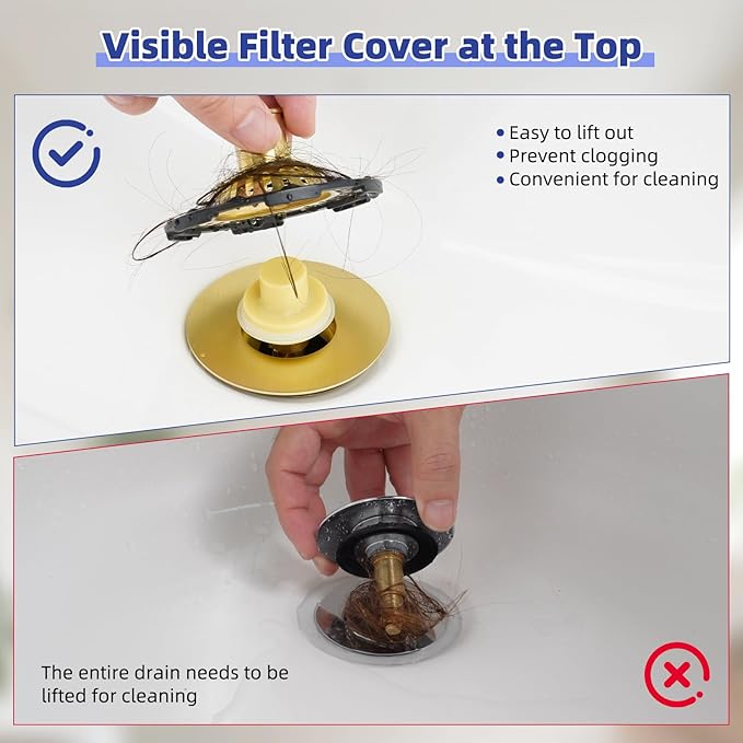 Universal Bathtub Drain Stopper Shower Drain Hair Catcher, Tub Stopper with Visible Top Strainer, Upgraded 3 in 1 Pop-up Drain Plug Fit for 1.5 to 2.4" Hole, Stainless Filter Basket, Brushed Gold