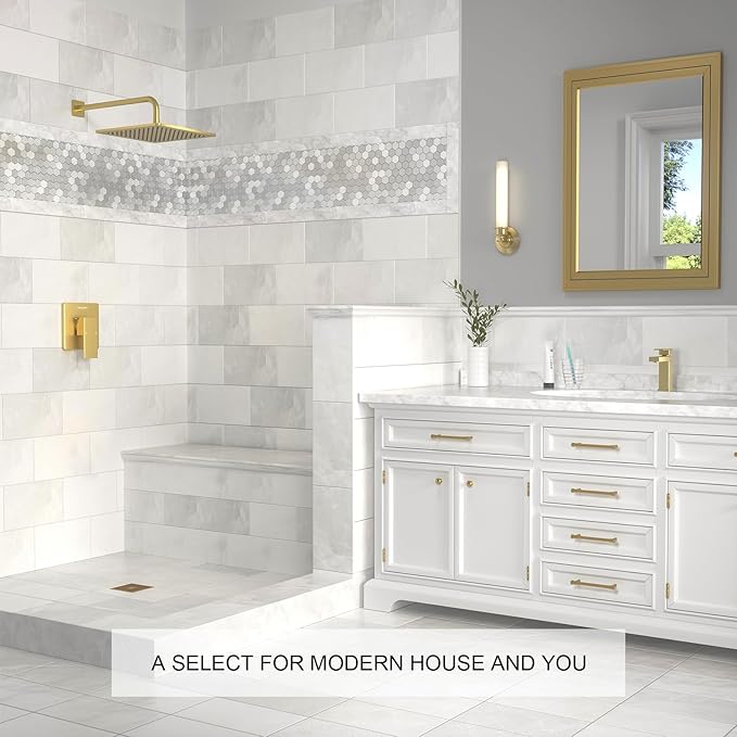 Lava Odoro 12-inch Modern Square Shower Faucet Set Brushed Gold, Shower Trim Kit with Rough-in Valve High Pressure Gold Rainfall Shower Head and Handle Set, (Valve Included), SF106-SG