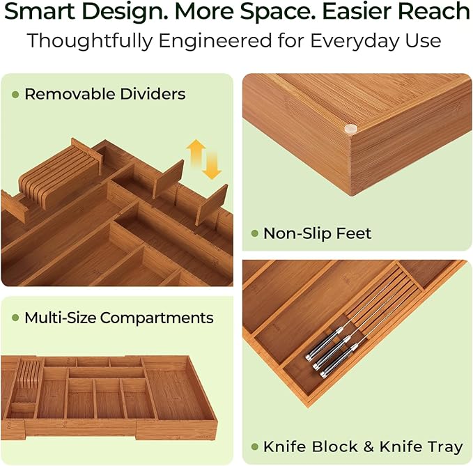 Carbonized Large Bamboo Kitchen Drawer Organizer, 12 Slots Expandable Silverware Organizer, Utensil Holder & Cutlery Tray, 2.5" Deep for Extra Capacity, Non-Slip Feet Included