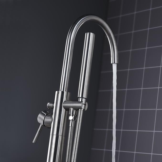Freestanding Tub Filler Bathtub Faucet Brushed Nickel Floor Mount Single Handle Brass Faucets with Hand Shower