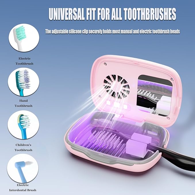 UV-C Toothbrush Cover Case and Holder Electric Travel Toothbrush Cover with Holder for Any Toothbrush Head Rechargeable Toothbrush Travel Case Pink