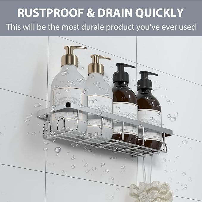 Shower Caddy Organizer with Hooks,Self Adhesive Bathroom Shelves,Shower Shelves,No Drilling Bathroom Organizers and Storage,Perfect for RV, Apartment, Home Decor,Silvery 3PK