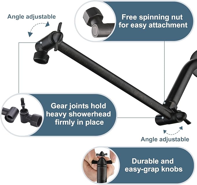 BRIGHT SHOWERS Brass Shower Head Extension Arm for Rain and Handheld Shower Head, 10 Inch Universal Shower Arm Extender, Height & Angle Adjustable, Oil-Rubbed Bronze