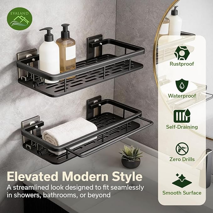 Shower Caddy Adhesive 2Pack with Hooks and Rod for Towels Black-Premium Bathroom Shower Shelves Shampoo Organizer Rack Storage Bathtub Shelf Rustproof Easy Installation Sturdy Build Sleek Modern Look