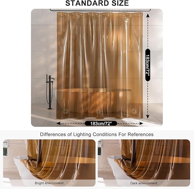 AmazerBath Shower Curtain Liner, 100% EVA Soft Clear Amber Heavy Duty Shower Curtain and Liner 2-in-1, 72x72 Luxury Plastic Weighted Bathroom Shower Liner, 12 Rustproof Grommets & 3 Heavyweight Stones