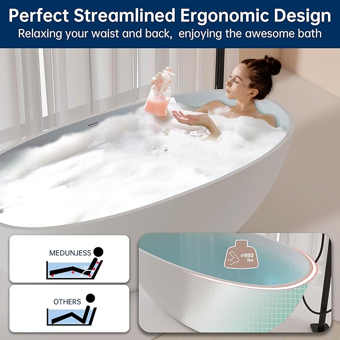 61'' Resin Stone Soaking Bathtub Oval Solid Surface Freestanding Soaking Bathtubs Matte White Soaking Tub with Overflow and Pop up Drain - White…