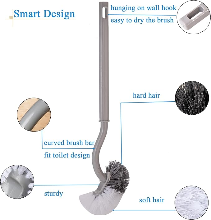 2 Pack Curved Toilet Bowl Brush Without Holder for Bathroom, Compact Toilet Brush Durable Under The Rim Household Deep Cleaning Brushes (Gray Toilet Brush Without Holder)