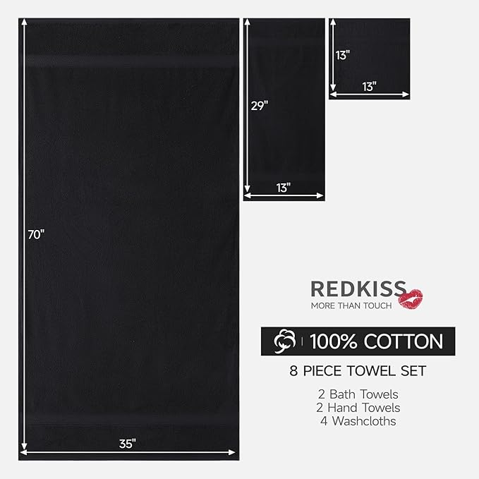 REDKISS Luxury 100% Cotton 8 Piece Bath Towel Sets, 2 Bath Sheets (35x70 in), 2 Hand, 4 Washcloths, Super Absorbent & Quick-Dry Shower Towel for Bathroom Spa Gym Hotel Yoga - Black