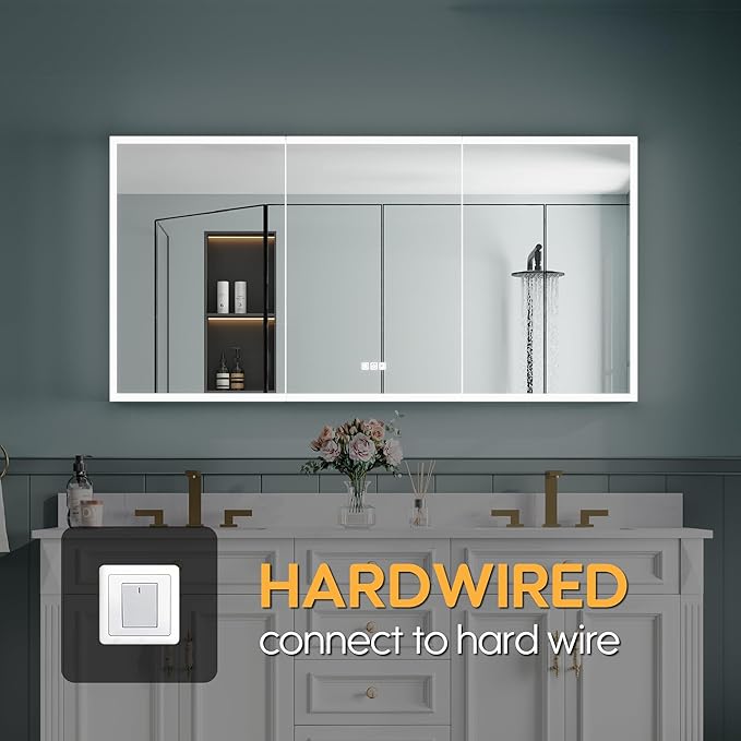 WELLFOR 60" X 30" LED Mirrored Bathroom Cabinet with 3X Magnification Makeup Mirror, Medicine Cabinet with Defog Mirror, Dimmer, Outlets & USB Ports, Bathroom Mirrored Cabinet with Three Opening Doors