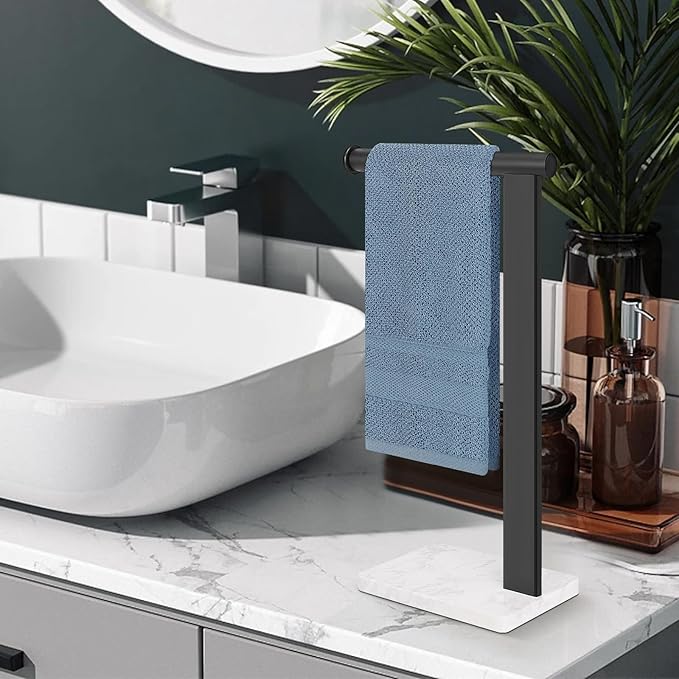Stainless Steel L-Shaped Hand Towel Holder, SUS304 Bathroom Towel Rack with Thickened Base for Countertop Vanity (Matte Black, Square Base)