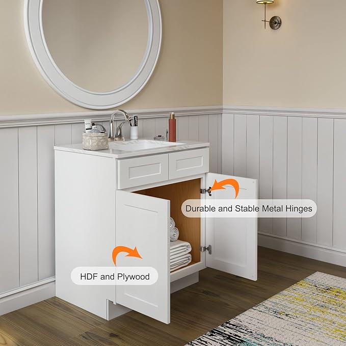 ROOMTEC Bathroom Cabinet, 30'' Free Standing Single Bathroom Vanity with 2 False Drawers and 2 Doors,Morden Bathroom Sink Vanity Storage Cabinet, Shaker White