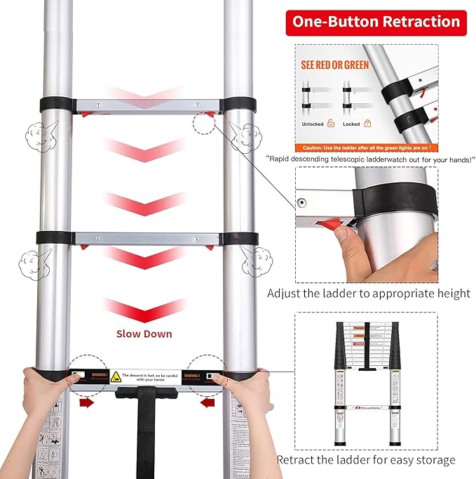 Telescoping Ladder,with Stable Hook and stabilizer barand,Extension Ladder, Heavy Duty 330lbs Max Capacity, Multi-Purpose Collapsible Ladder for RV or Outdoor Work (Aluminum, 8.5FT/2.6M(A-Button))