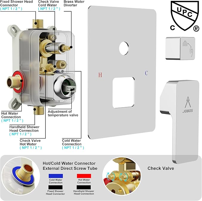 Shower System Modern Rain 8 inches Brass Faucet Set With Valve and Diverter Shower Mixer With Handheld High Pressure Square Rainfall Shower Valve (12'' Ceiling Mount, Chrome Polished)
