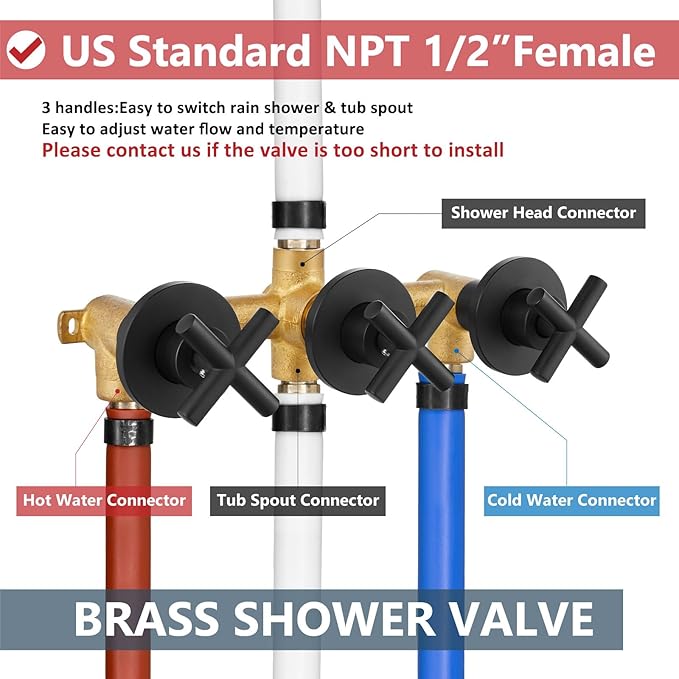 Aolemi 3 Handles Tub Shower Faucet Set with Valve Bathtub Combo Set Shower System Complete Trim Kit Wall Mounted Matte Black