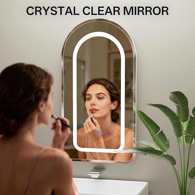 LED Arched Bathroom Medicine Cabinet with Mirror, No Assembly Needed, Recessed or Surface Mount Wall Storage Cabinet, Mirror Cabinet with Tissue Slot (Bevel-LED, 31.5" L x 19.7")