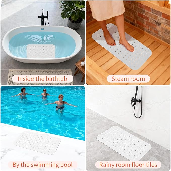 Anti-Slip Bathtub Shower mat, 27.5×14.5（Approximately 70×37cm） inch Soft Oversized Machine Washable Non-Slip Bathtub mat with Drainage Holes, Bathroom Floor Suction Cup.（1-Opaque White）