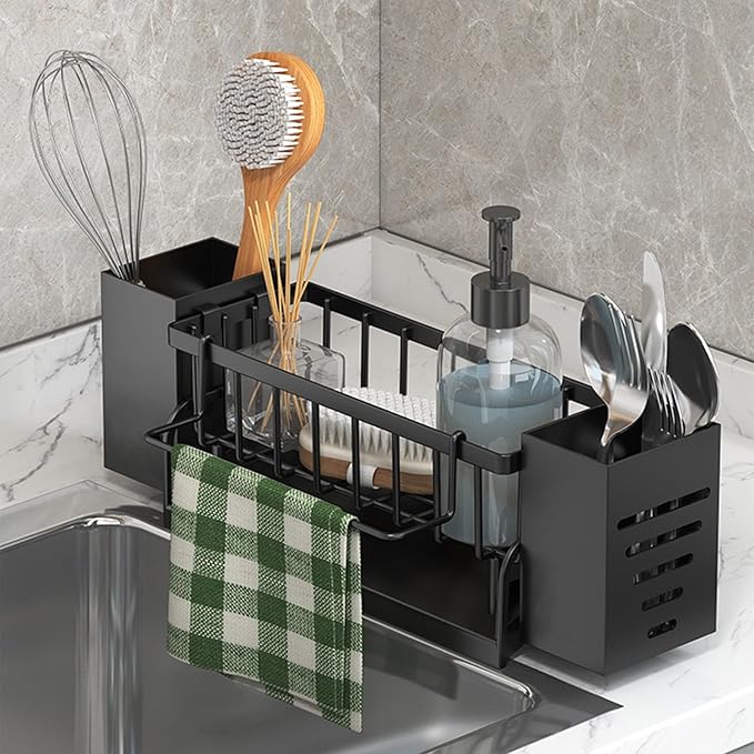 Kitchen Sink Caddy Organizer, Sponge Holder for Kitchen Sink with Drain Tray, 3 Compartments Utensil Drying Rack, Kitchen Utensils Holder with Towel Bar, Kitchen Countertop Organizers