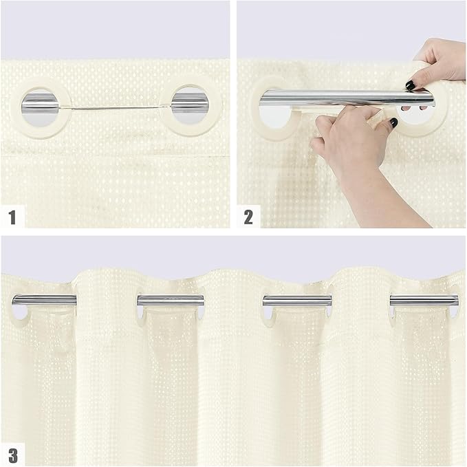 MitoVilla Ivory Long Shower Curtain Liner Set 72 x 80, No Hooks Needed 80 inch Long Heavyweight Waffle Fabric Shower Curtain Set with Snap-in Liner for Hotel Grade Spa-Like Bathroom Decor, Ivory/Beige