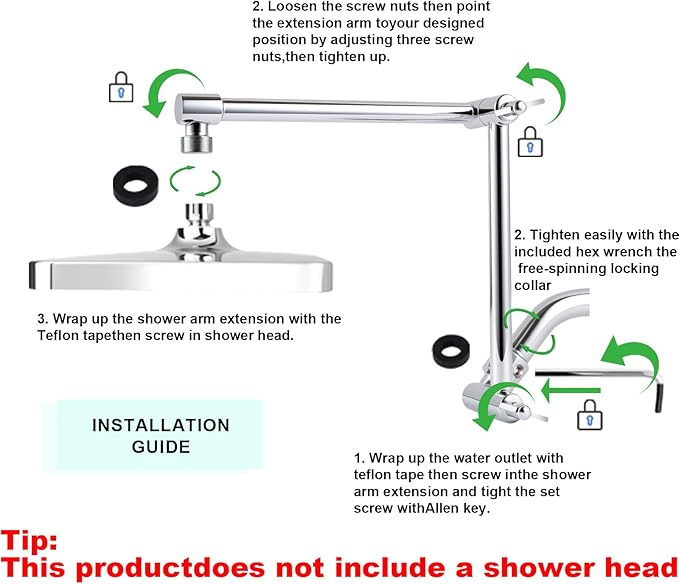 Shower Head Extension Arm, 16 Inch Solid Brass Adjustable Extender with Lock Joint, Height & Angle Adjustable Shower Arm for Rainfall or Fixed Shower Head, G1/2 Connector (Chrome)