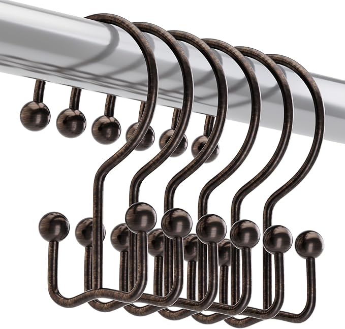 Titanker Shower Curtain Hooks Bronze, Minimalist Simple Double Glide Shower Curtain Rings, Rust Proof Metal Shower Hooks Rings for Bathroom Shower Rods Curtains, Set of 12 Hooks
