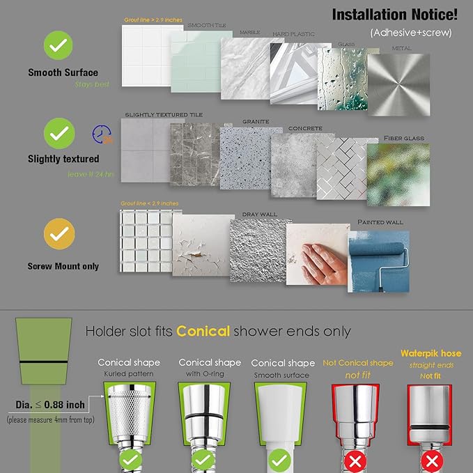 Handle held Shower Head Holder Wall Mount -Adjustable in 5 Positions - Dual Mount Option (Screw/Adhesive) - Brushed Gold