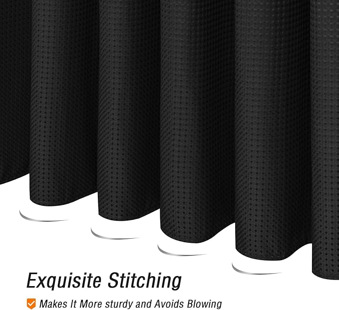 Gibelle Long Shower Curtain 72 x 78, Tall Waffle Weave Textured Fabric Shower Curtain for Bathroom, Water Repellent, Machine Washable, Black
