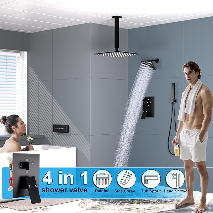 ENGA Shower System with Tub Spout, Bathtub Shower Faucet Combo Set - 10" & 6" Square Rain Shower Heads with 2 in 1 Handheld Spray, 4 Way Water Diverter, Matte Black
