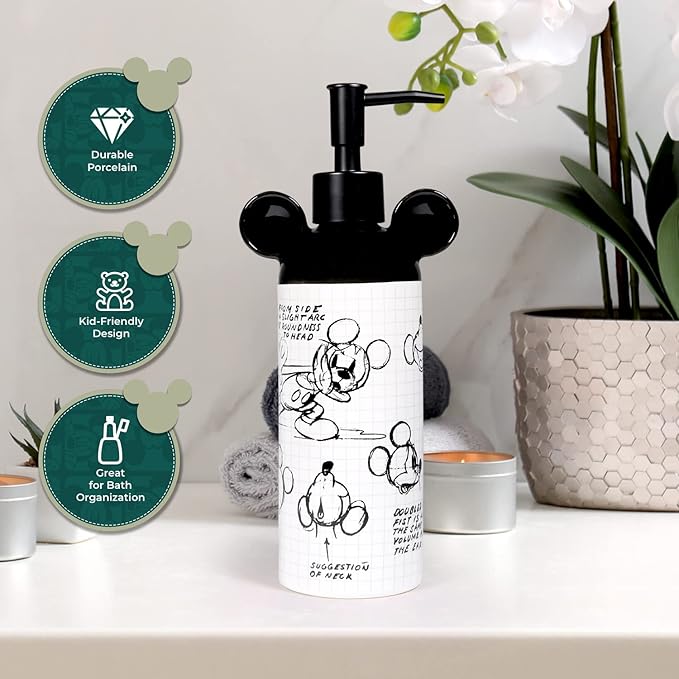Disney Mickey Mouse Ceramic Soap Dispenser – White Hand Soap Dispenser or Lotion Pump, Bathroom Decor and Kitchen Accessories – Officially Licensed Disney Home Decor
