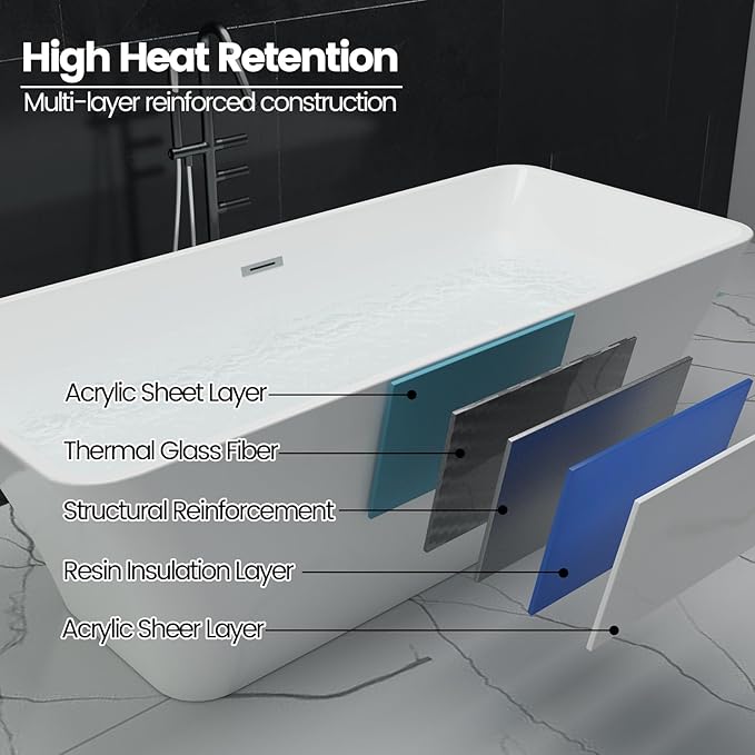 59 Inch Freestanding Bathtub, Modern Acrylic Soaking Bathtub, Ergonomic Deep Tub with Non-Slip Base and Chrome Drain, Standalone Design for Relaxing Bathroom Use, White