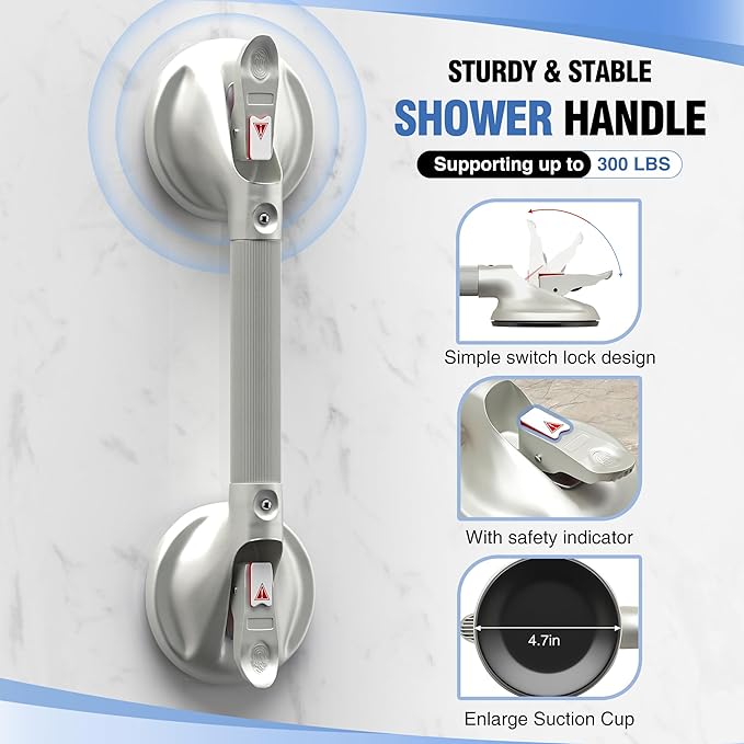 DAILYLIFE Grab Bars for Bathtubs and Showers, 15 inch Shower Handles for Elderly Suction, 300lbs Safety Shower Grab bar for Seniors and Elderly, Gray(1 Pack)