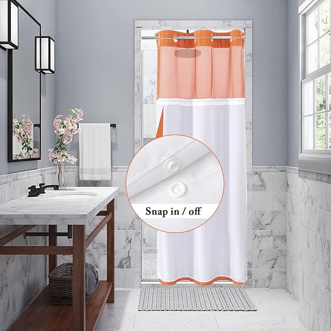 Gibelle Stall Small Shower Curtain 36x74, Waffle Weave Shower Curtain with Snap-in Fabric Liner Set, No Hooks Needed, Hotel Style with Mesh Top Window, Burnt Orange