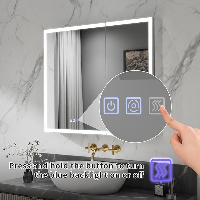 GroGro LED Lighted Bathroom Medicine Cabinet with Mirror,36" W x 30" H Medicine Cabinet with Lights,Surface or Recessed Mounting,Defog,Dimming,3-Color Temperature Adjustment
