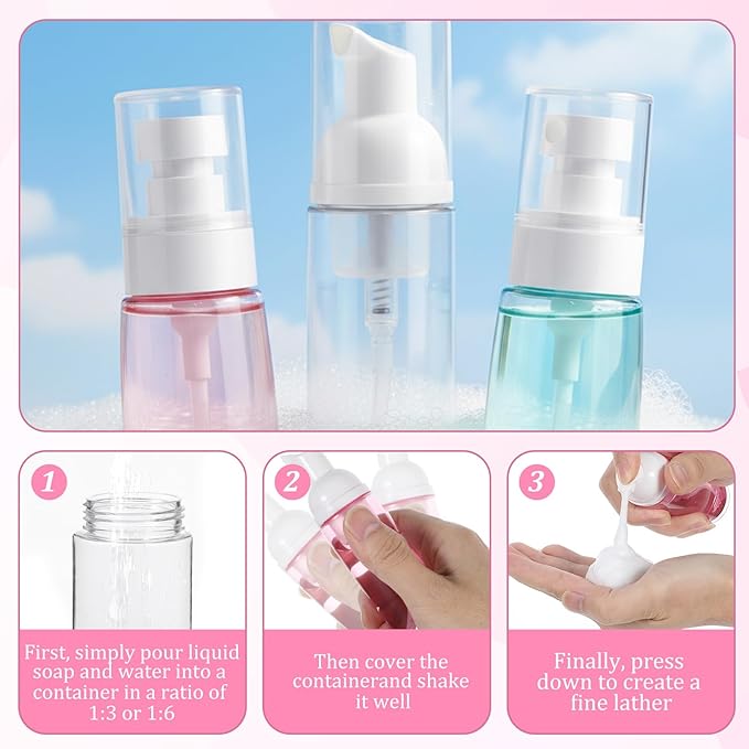 6 Pcs Travel and Empty Fine Mist Spray Bottle Foam Pump Bottle Small Size Mousse Foaming Soap Dispenser Clear Plastic Refillable Containers for Face Wash Lash Cleanser Shampoo Skin Care Liquid