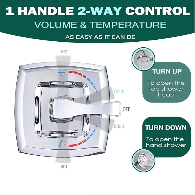 2 Way Shower Diverter Valve, All Metal Single-Handle Trim Kit Pressure Balance Shower Control Brass Rough-In Mixing Valve 1/2" NPT Connection, Polished Chrome