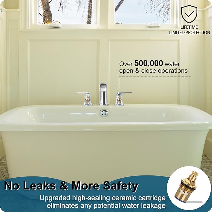 Chrome Deck Mount Tub Faucet 3 Hole, Brass Widespread Waterfall Bathtub Faucet 2 Handle 8-16 Ins Bath Tub Faucets Set High Flow Faucet for Bathtub