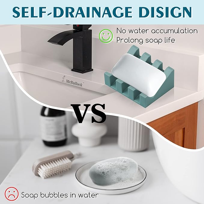 Silicone Soap Dish for Bar Soap Holder for Shower Bathroom Self Draining Waterfall Drying Tray Keep Soap Bars Dry Clean & Easy Cleaning (Green, 2)