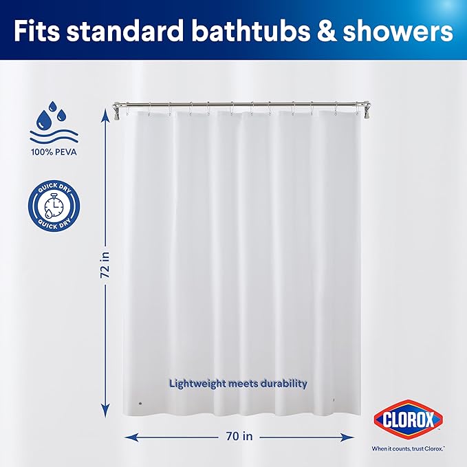 Clorox Shower Curtain Liner, Premium Lightweight Flexible Waterproof 4g PEVA for Bathroom with Weighted Magnets, Standard Size 70" x 72", White 1 Pack