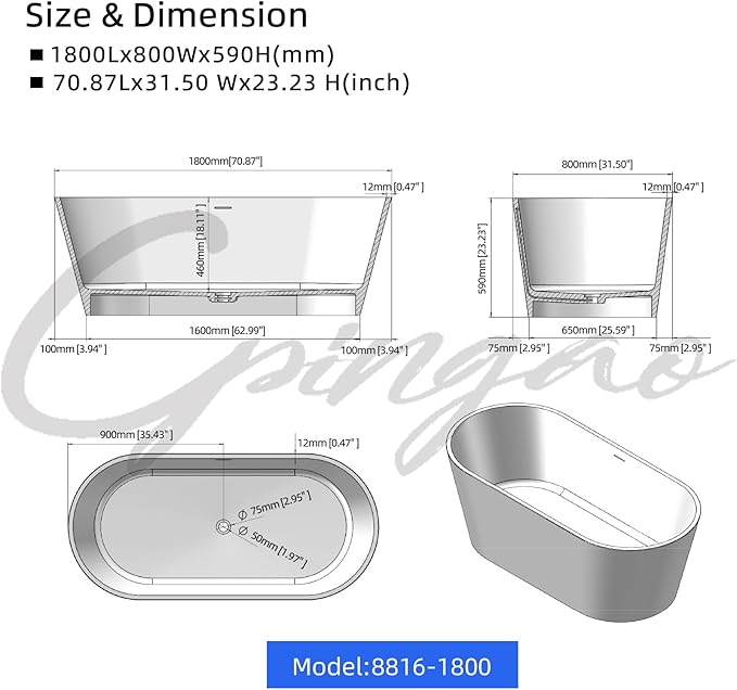 Cpingao 71" Stone Resin Freestanding Bathtub, Contemporary Oval Solid Surface Soaking Stand Alone Tub, Matte White, Drain & Overflow Included 8816-1800