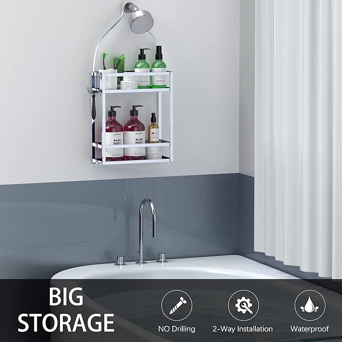Meangood Shower Caddy, Silver Hanging Shower Caddy Organizer 10.4" x 4.5" x 22.04" Over Shower Head Big Capacity for Shampoo, Conditioner with Hooks for Razor/Sponge