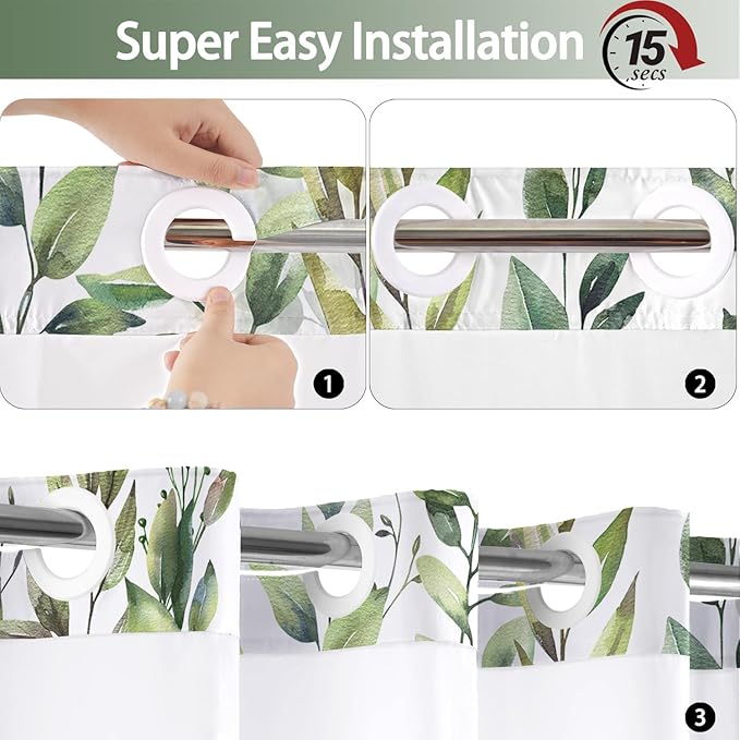 No Hook Shower Curtain and Liner Set, Green Eucalyptus Floral Shower Curtains for Bathroom, Bath Curtain Sets with Snap in Liner, Waterproof with See Through Top Window, 54x80 Inches