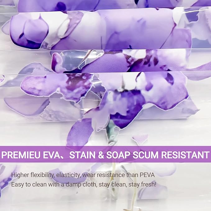 Clear Purple Floral Lavender Butterfly Shower Curtain, Plastic Transparent Cute Pretty Flower Decorative Aesthetic Shower Curtains for Bathroom, 72x78 Weighted Magnetic Shower Curtain Liner with Hooks
