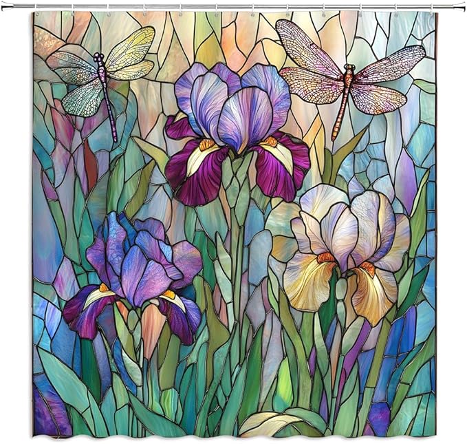Stained Glass Shower Curtain Artistic Iris Dragonfly Purple Floral Green Leaves Abstract Nature Plant Spring Summer Modern Botanical Fabric Bathroom Decor Curtains with Hooks,82 x 70