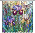 Stained Glass Shower Curtain Artistic Iris Dragonfly Purple Floral Green Leaves Abstract Nature Plant Spring Summer Modern Botanical Fabric Bathroom Decor Curtains with Hooks,35 x 70