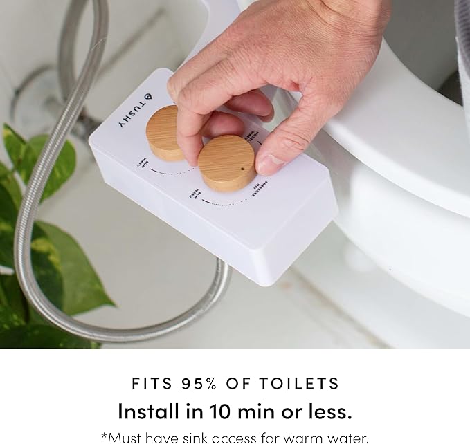 TUSHY Spa Warm Water Bidet Attachment for Toilet. Universal Fit, Easy Install (Requires Sink Access for Optional Temperature Control) Self Cleaning, Adjustable Pressure, Angle Control, Platinum Knob
