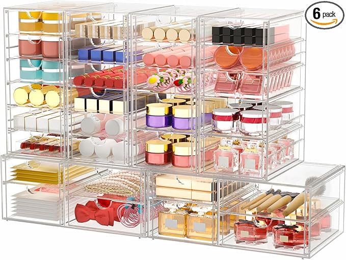 Makeup Organizer Storage with 30 Drawers, 6 Pcs Desktop Office Supplies, Desk Organizers, Clear Accessories, Dustproof Drawer and for Make Up, Jewelry, Pen, Stationary