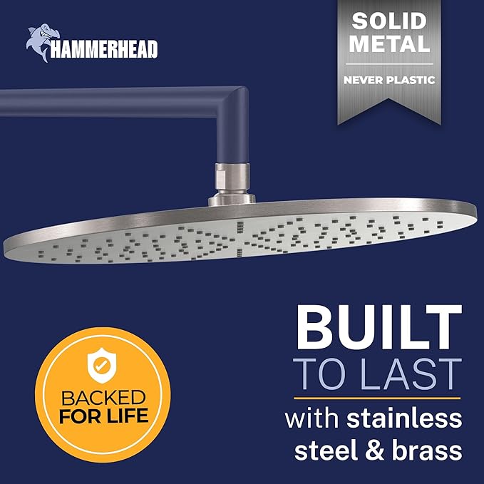 HammerHead Showers® Solid Metal 12 Inch Rainfall Shower Head, Large Rain Shower Head, 2.5 GPM High Flow Shower Head Optimized for Pressure, Wall-Mounted or Ceiling Rain Shower Head, Brushed Nickel
