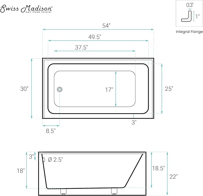 Voltaire 54" X 30" Left-Hand Drain Alcove Bathtub with Apron